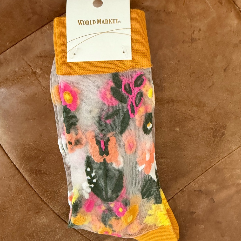 Cost Plus World Market Sheer Floral Socks with Orange Trim